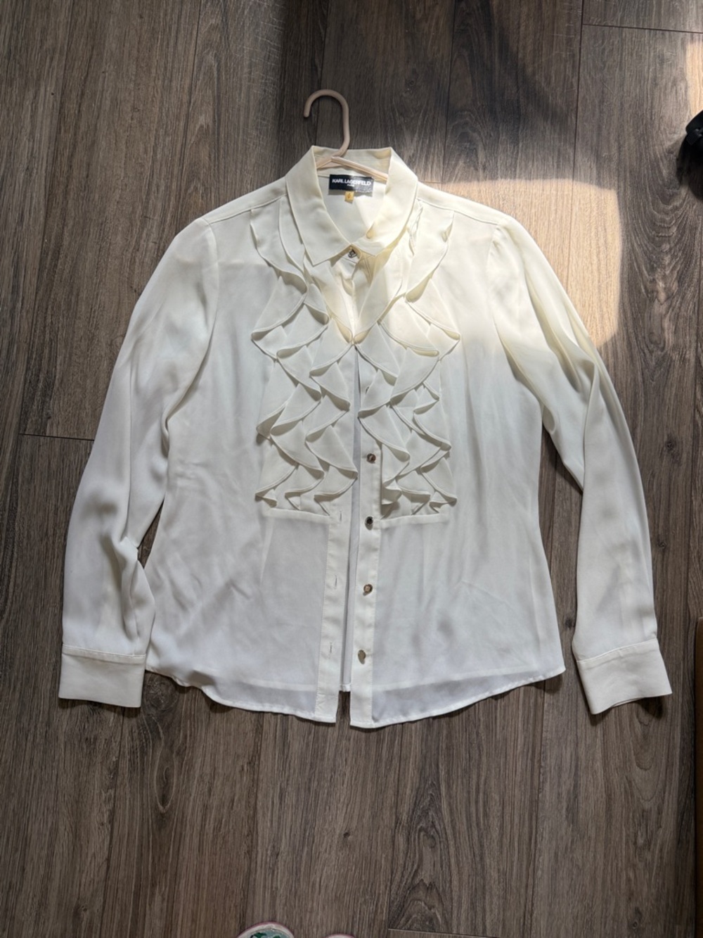 Karl Lagerfeld Cream Ruffle Front Button-Up Blouse